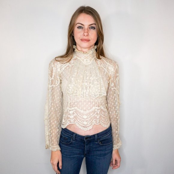 Antique Tops - ANTIQUE Ruffle Neck Long-Sleeve Ivory Lace Blouse